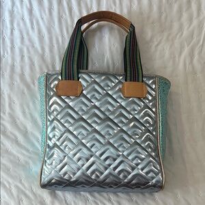 Consuela Tote - metallic blue quilted and blue leopard print